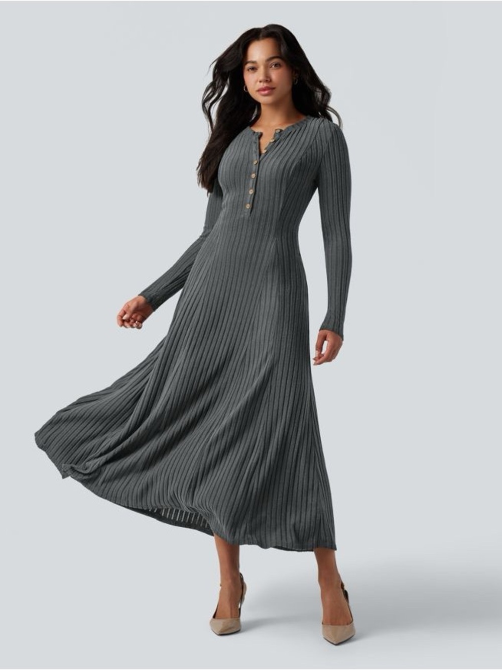 Halara Ribbed Knit Henley Neck Long Sleeve Flowy Maxi Casual Dress xl